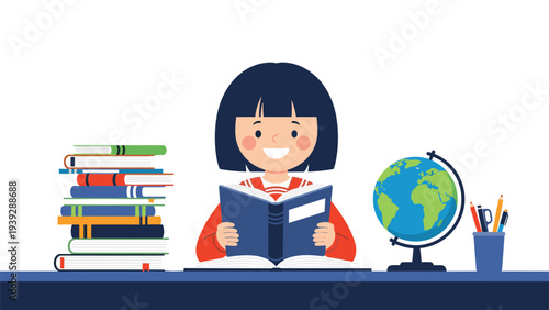 Happy young girl with dark hair sitting at a desk, enthusiastically reading a book, surrounded by a stack of books and a globe, promoting education.