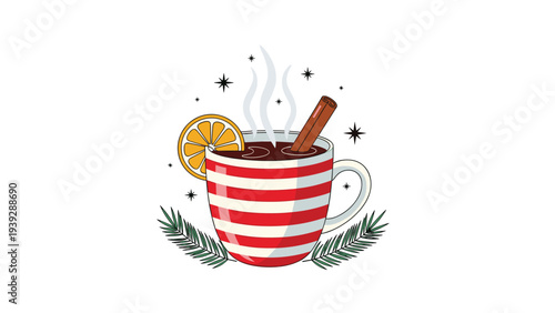 Steaming mug of mulled wine or hot chocolate, garnished with an orange slice and cinnamon stick, nestled among pine needles and stars, evoking winter warmth.