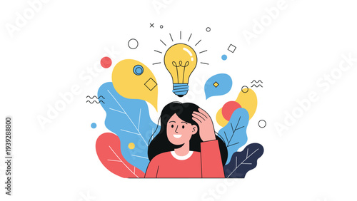 Smiling woman with a bright idea, represented by a glowing lightbulb above her head, surrounded by abstract colorful shapes and vibrant leaves.
