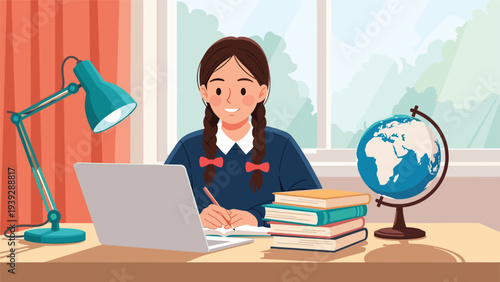 Young girl with pigtails sits diligently at a desk, writing in a notebook, surrounded by a laptop, books, globe, and lamp, in a cozy online learning setting.