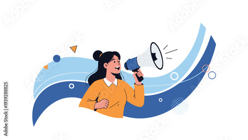 Joyful young woman with dark hair holding a large megaphone and enthusiastically shouting, with abstract blue waves and geometric shapes in the background.