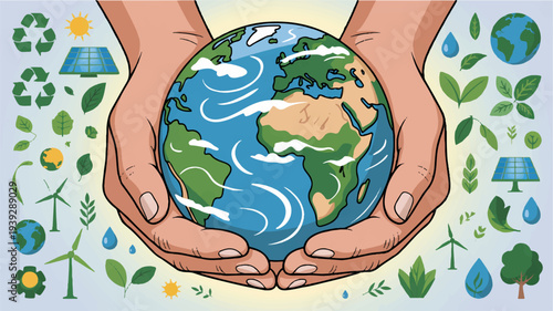 Hands cradling earth globe with environmental icons around symbolizing eco friendly care and sustainability