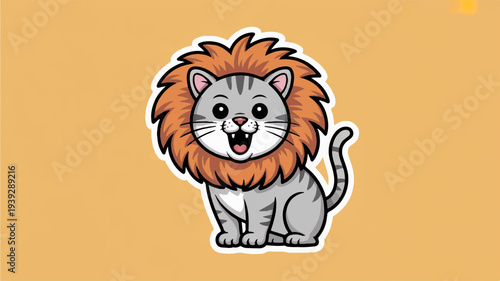 Funny gray cat wearing lion mane sitting on orange background cartoon illustration for kids cute animal sticker