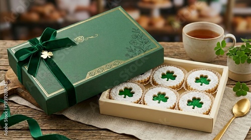 Green gift box with shamrock cookies and tea cup