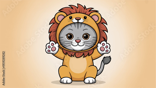 Adorable gray kitten in lion costume posing playfully on beige background with whimsical expression