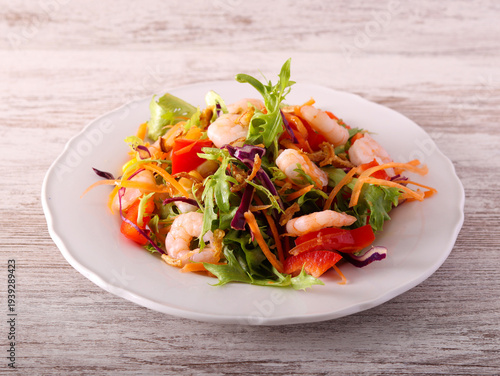 Healthy salad with prawns