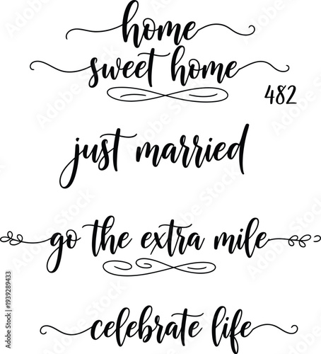 Elegant calligraphy designs featuring inspirational phrases and a unique number