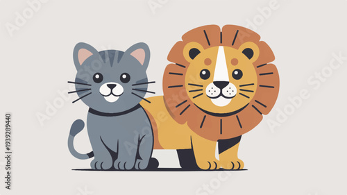 Cute gray cat and lion standing side by side cartoon illustration animal friends beige background colorful playful heartwarming scene