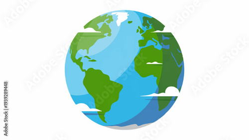 Vector illustration of earth with green continents and blue oceans floating clouds on white background symbolizing eco friendly planet and global environment