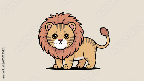 Cute cartoon lion with shaggy mane and tail standing on beige background looking friendly and approachable with big eyes and sweet expression perfect for children's illustrations