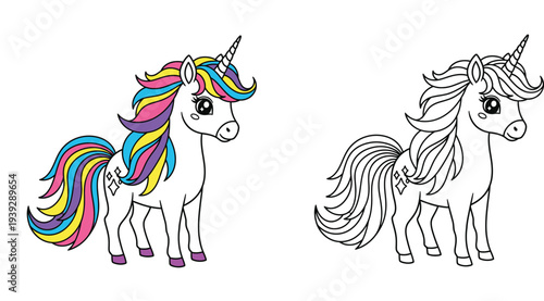 Cute cartoon unicorn vector illustration, colorful rainbow mane and black and white outline contour for kids coloring book page