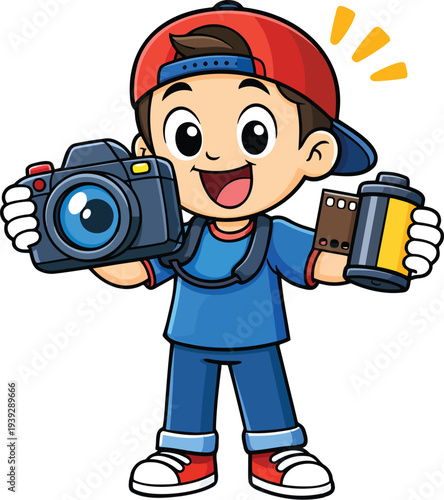 Professional videographer with camera on tripod flat vector illustration, video production and filmmaking cartoon character isolated on white background