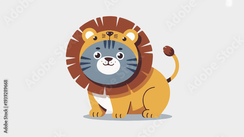 Cute gray kitten dressed as lion cartoon illustration yellow fur brown mane white background playful animal costume