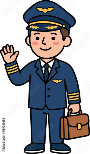 Airline pilot cartoon character flat vector illustration, aviation profession uniform isolated on white background
