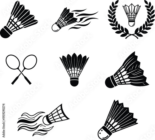 Badminton icons set with shuttlecocks and rackets on white background