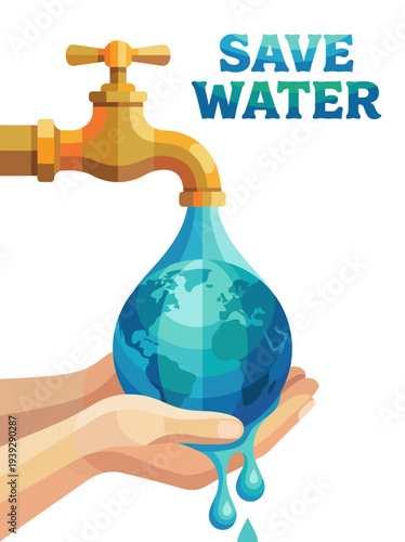 This visually striking image showcases a tap pouring water into a hand holding a globe, representing the urgent message of water conservation and global responsibility.