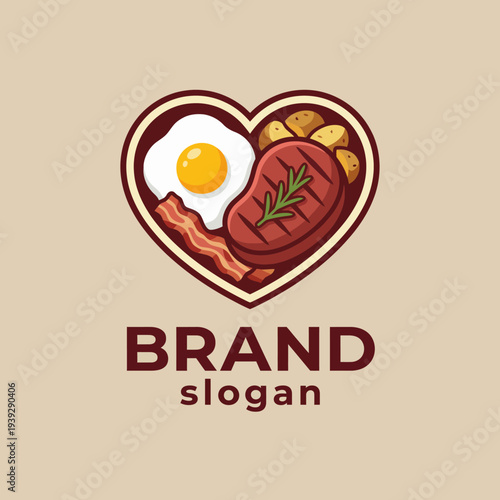 A heart-shaped plate featuring a delicious breakfast of steak, eggs, and bacon, representing love for food and the joys of sharing meals with cherished ones.