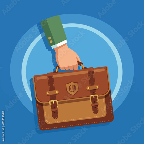 A hand holding a stylish brown briefcase symbolizes professionalism and readiness for business challenges, embodying the modern work environment's demands and aspirations.