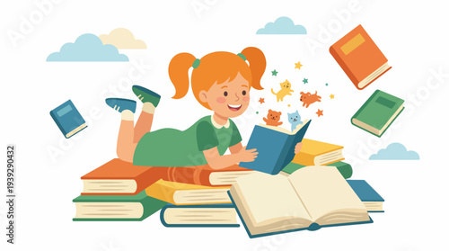 A cheerful girl reading on a pile of colorful books embodies the joy of learning, creativity, and imagination, showcasing the importance of literacy in childhood development.