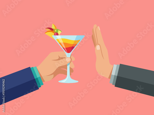 This image captures a hand declining a cocktail, symbolizing the concept of moderation, self-control, and making mindful choices regarding alcohol consumption in social settings.