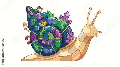 A charming, vibrant snail adorned with gems and natural elements, presenting a whimsical view of nature, perfect for representing beauty in creativity and the richness of nature.