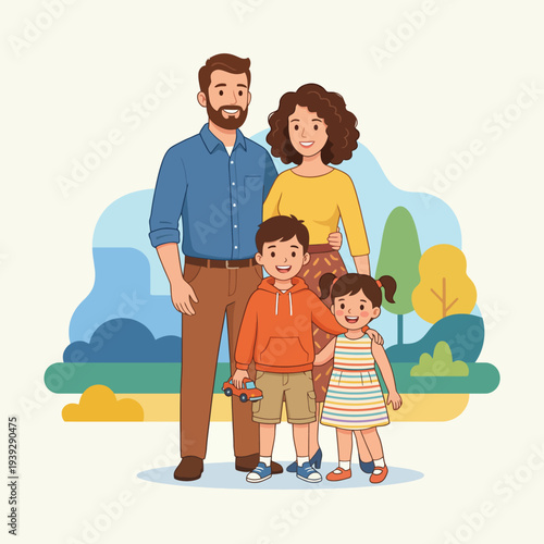 A cheerful family of four stands together smiling in a lively park setting, radiating warmth and togetherness, perfect for representing familial bonds and love in a visual format.