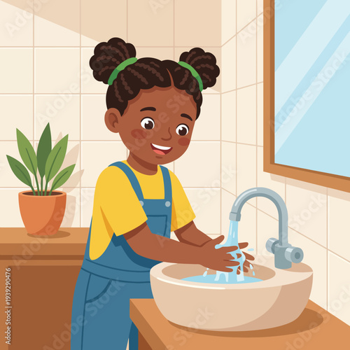 A young girl joyfully washes her hands at a sink, emphasizing the importance of hygiene and healthy habits, while showcasing cleanliness in an inviting bathroom environment.