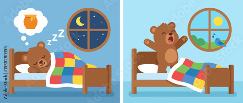 A cute bear sleeps peacefully under a colorful blanket, daydreaming of a honey pot while the moon shines outside the window, evoking feelings of comfort and tranquility.