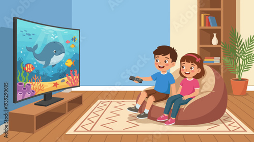 This image shows two joyful children watching an animated underwater scene on television, capturing the essence of fun family entertainment and imaginative storytelling.