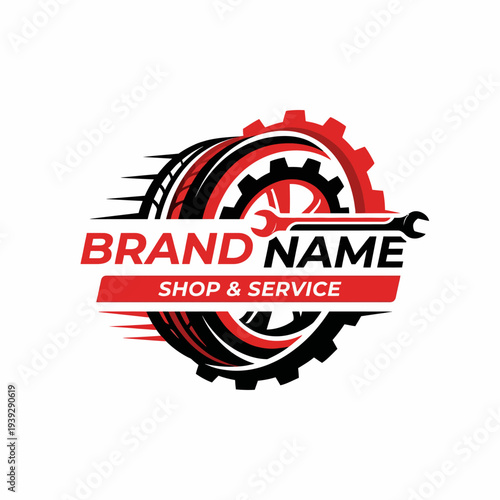This image showcases a logo design for a shop and service, featuring a tire motif and a wrench to represent automotive services, reinforcing brand identity and professionalism.