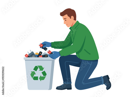 The image illustrates a man actively participating in recycling electronic waste, emphasizing the importance of sustainability and eco-friendly practices in modern society.