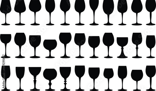 Assortment of Black Silhouette Glassware for Drinks Keywords: glassware, glasses, silhouette, drink, beverage, wine glass, champagne flute, cocktail glass, bar, alcohol, party, celebration