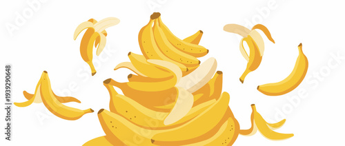 A visually appealing illustration of a pile of bananas in various states of peel, evoking feelings of fun, freshness, and the sweetness of nature's treats.
