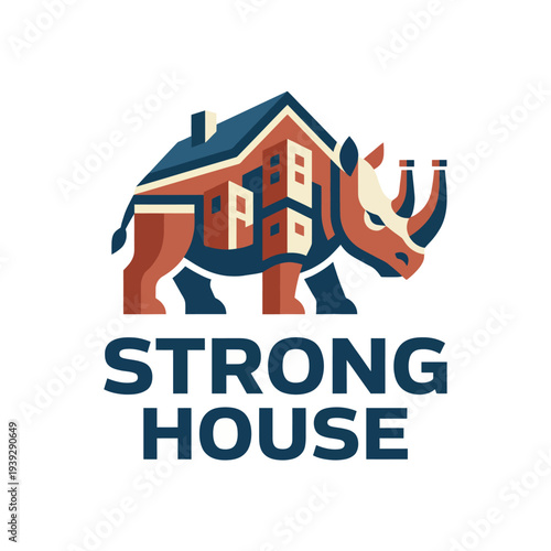 A unique and creative design featuring a rhinoceros with a house on its back, symbolizing strength and stability in construction and real estate.
