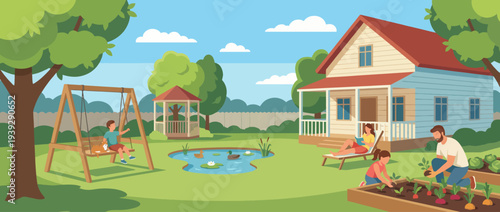 This vibrant illustration depicts a family tending to a garden in a peaceful backyard, highlighting the importance of family bonding and nature in everyday life.