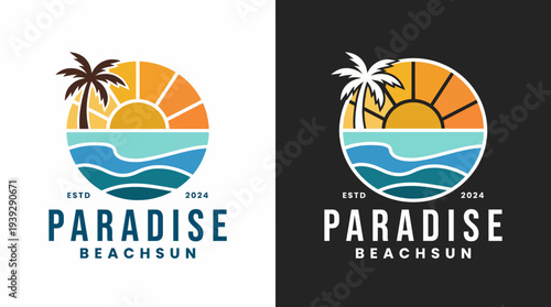A picturesque logo design representing a sunset over the ocean with palm trees, capturing the essence of paradise and the beauty of beach life.