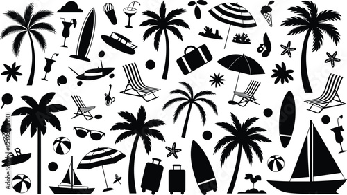 Black silhouette icons of summer beach vacation elements including palm trees surfboards umbrellas and beach chairs