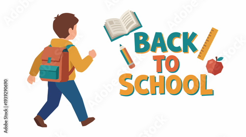 This illustration captures a young child walking to school, embodying the excitement and anticipation of a new school year, portraying education and childhood joy in vibrant colors.