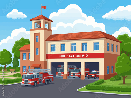 An illustrated fire station shows a vibrant design with fire trucks parked outside, showcasing a community commitment to safety and emergency services for all.