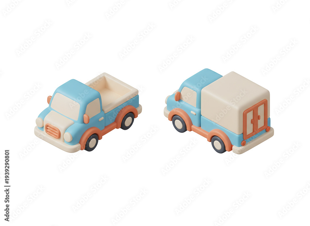 Obraz premium 3D Isometric Toy Pickup and Delivery Truck Set on White Background