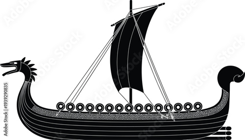 Black Silhouette of a Viking Longship with Dragon Head and Greek Key Border viking ship sail