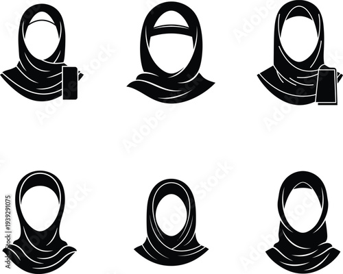 black silhouettes of women wearing different hijab styles on white background