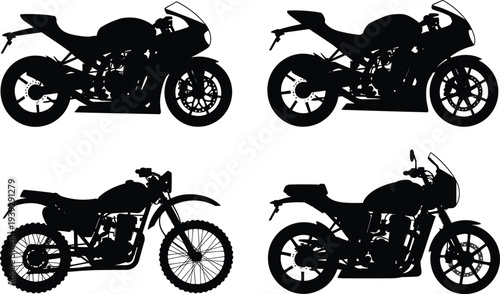 Collection of Four Motorcycle Silhouettes Showing Different Styles on a White Background motorbike bike