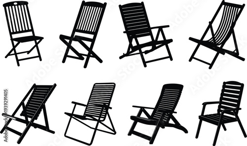 Eight black silhouettes of different styles of deck chairs and lounge chairs on a white background furniture