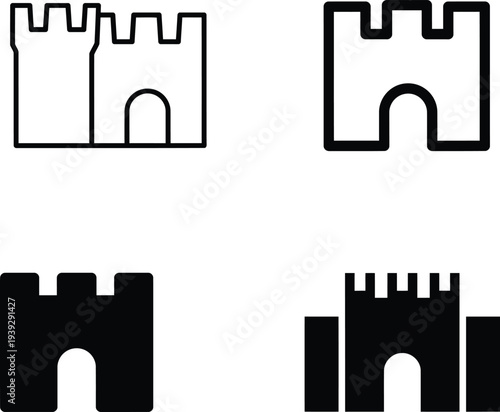 four black and white castle wall icons with battlements and gates