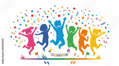 Colorful people jumping in celebration together.