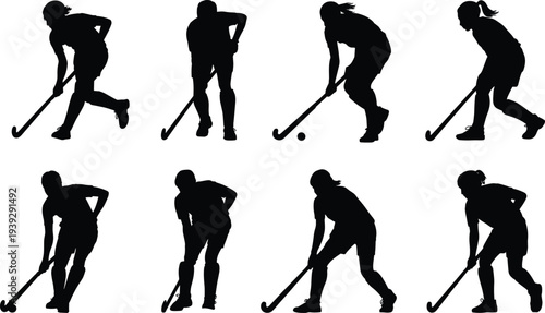 Eight black silhouettes of female field hockey players in action poses on a white background sport athletic
