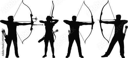Four black silhouettes of archers aiming bows and arrows on a white background archery sport
