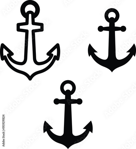 Three nautical anchor icons in different styles and orientations