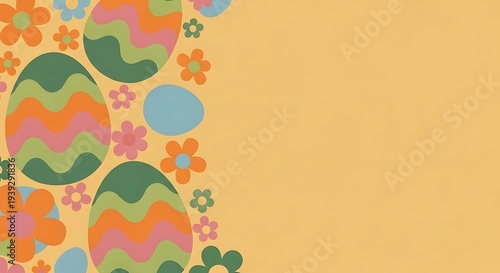 Colorful Easter eggs and flowers border on a vibrant yellow background viewed from directly above with decorative patterns and shapes